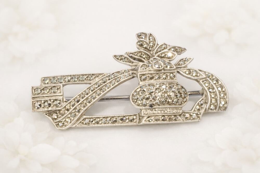 Sterling Silver Marcasite Vase Brooch Pin Floral Foliage Design Art Deco Vintage